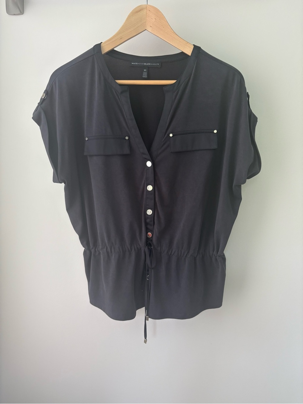 WHBM Women’s Black Button-Front Drawstring Waist Top Size XS
